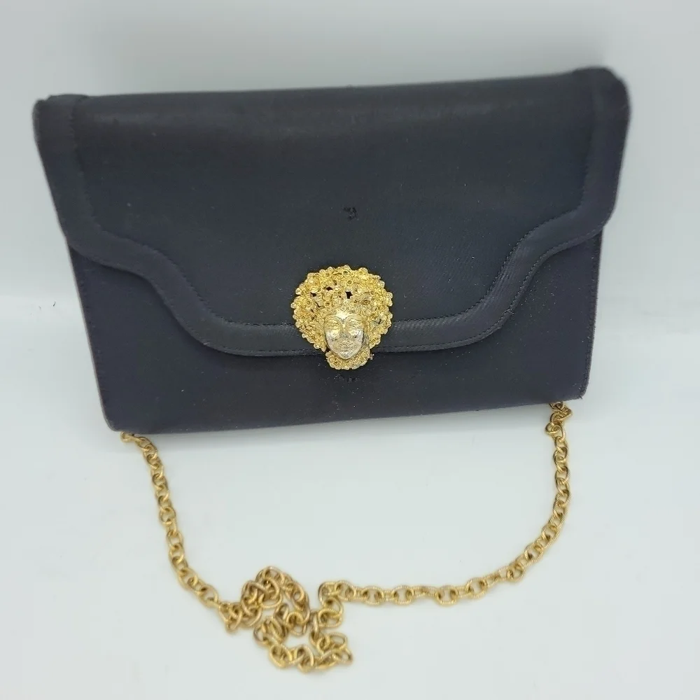 VTG Miss Lewis Black Satin Evening Clutch with Ornate Gold Face Medallion